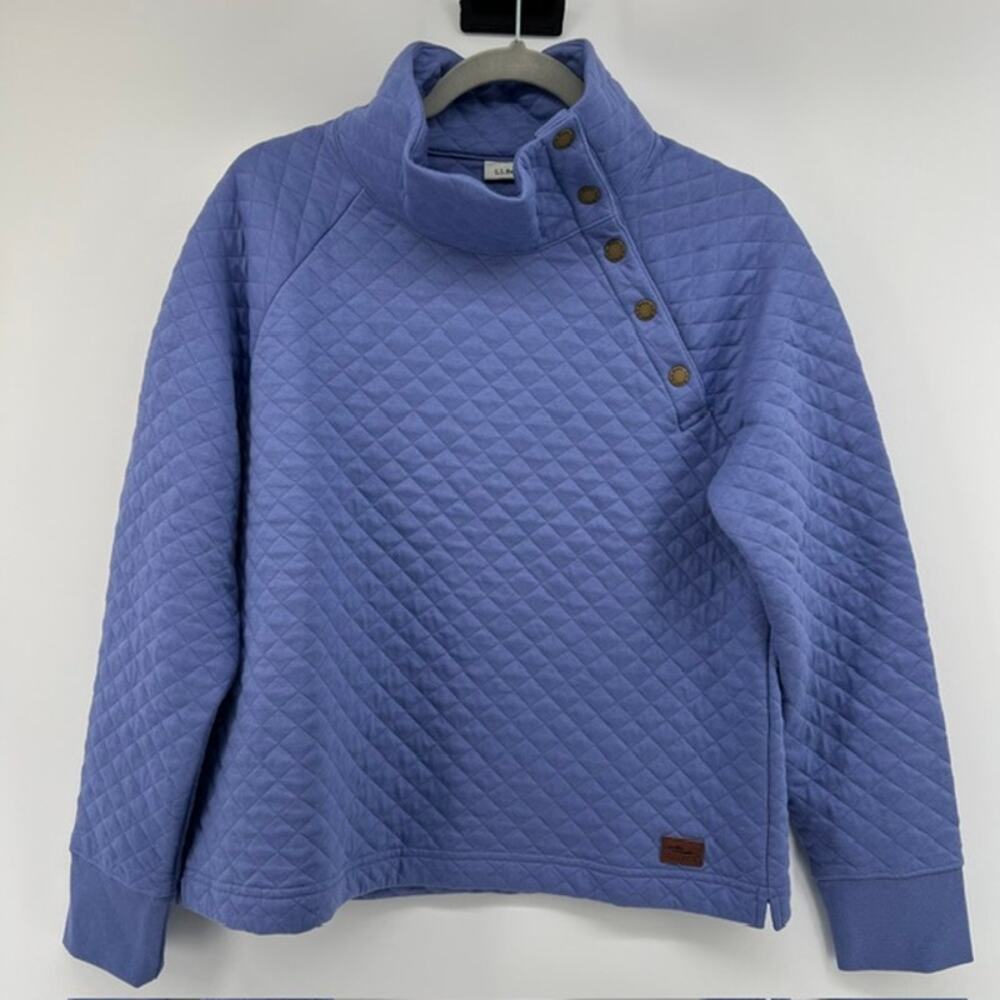LL Bean Quilted Pullover Sweatshirt Snap Neck Womens M-P Periwinkle Mock Neck